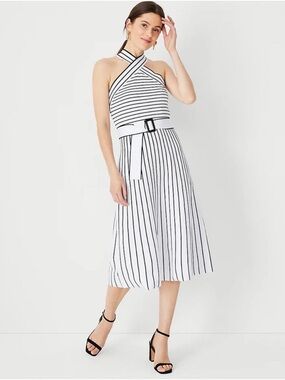 Ann Taylor striped crossover halter sweater dress size M NWT black white silver